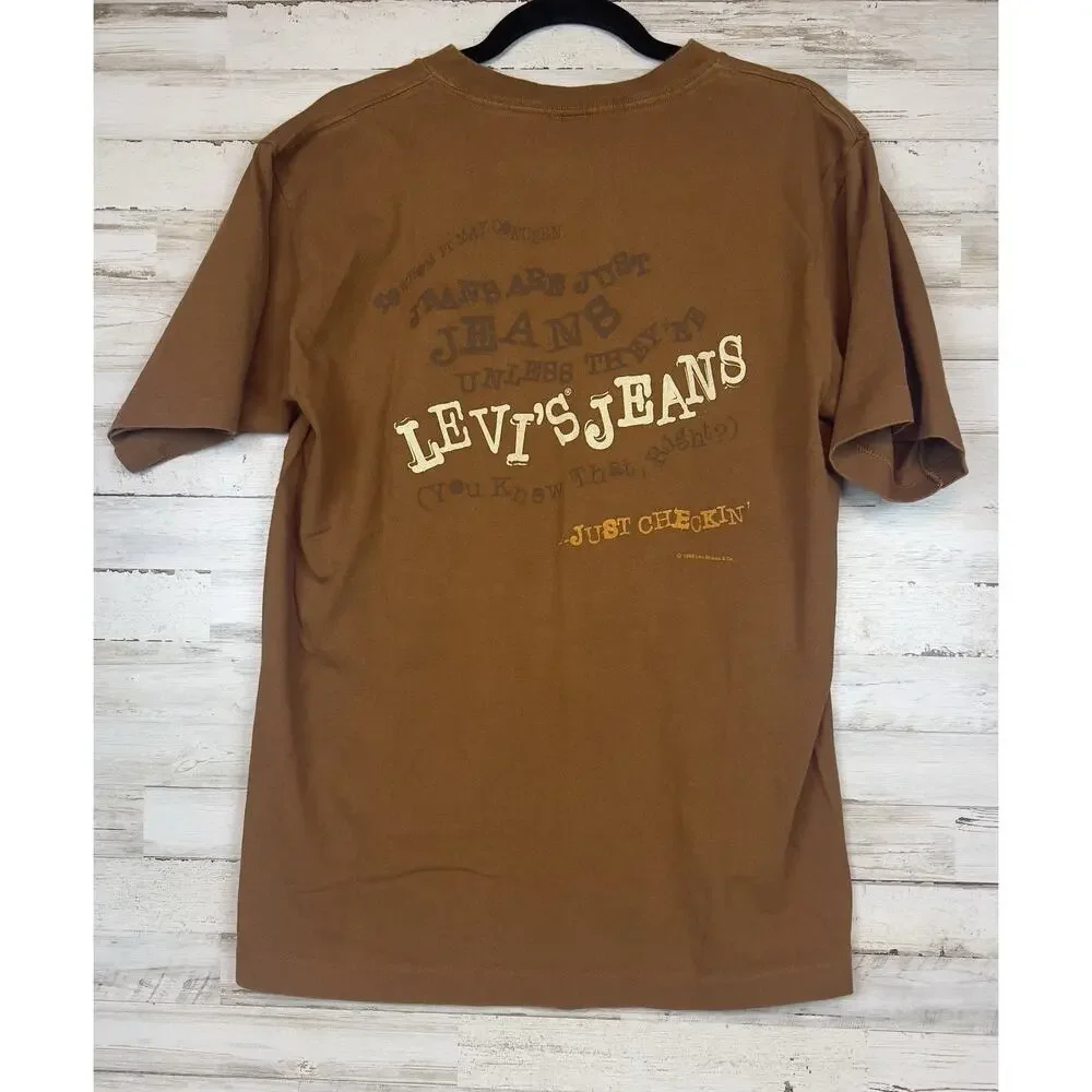 Vintage Levis Single Stitch Graphic T-Shirt XL Made in USA 1996 Typewriter Brown